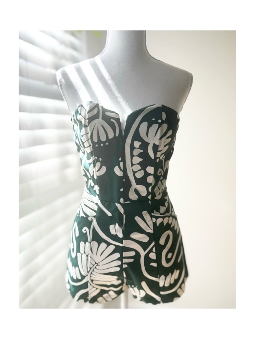 H&M Forest Green Strapless Tropical Romper with White Print